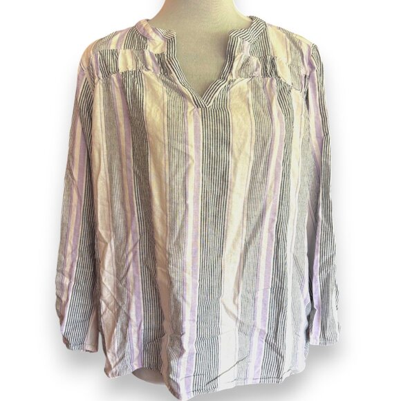 Splendid women's linen blend striped white purple v-neck blouse shirt sz L - Picture 2 of 10